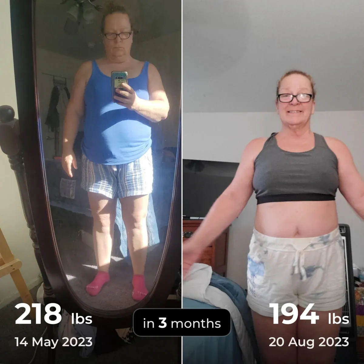 Before and after photos of a member who went from 218 to 194 pounds in three months