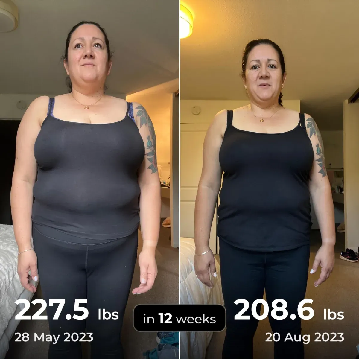 Before and after photos of a member who went from 227.5 to 208.6 pounds in twelve weeks