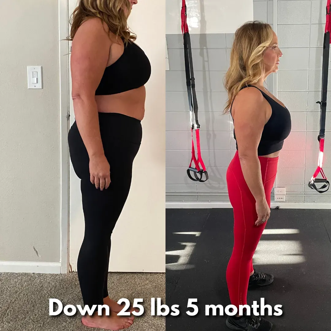 Side by side before and after of a member who lost 25 pounds in five months