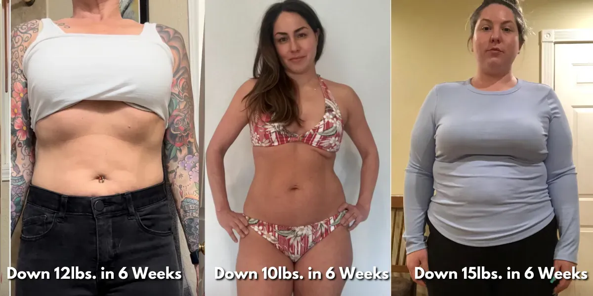 Three members' six week before and after photos, down 12, 10 and 15 pounds