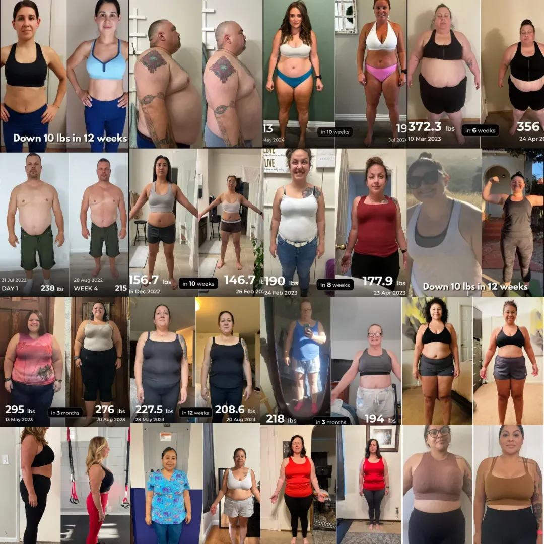 A wall of member before and after photos from the gym
